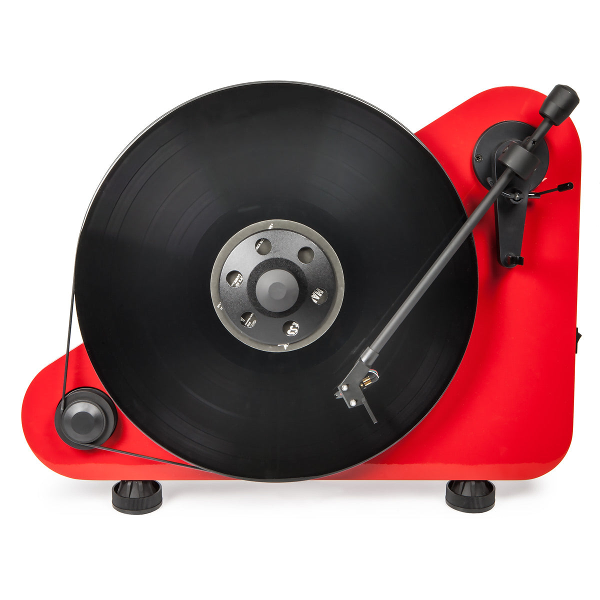 High gloss red vertical turntable with a black platter and tonearm