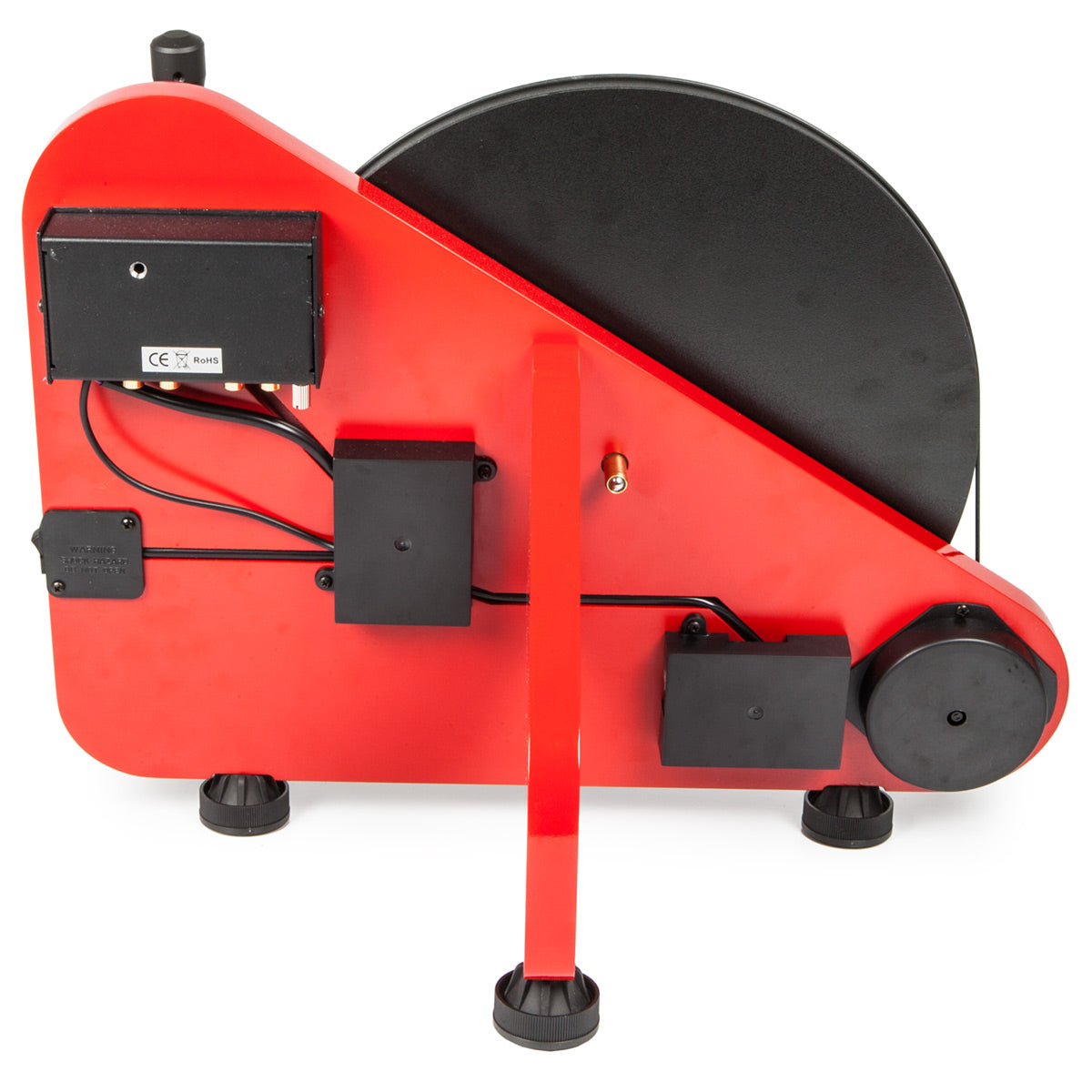 High gloss red vertical turntable with black platter and adjustable feet