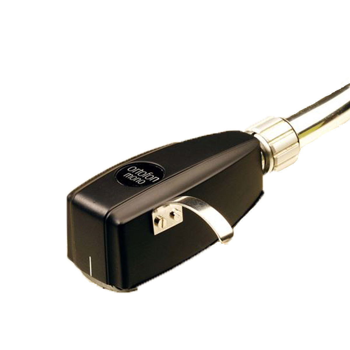 Black moving coil phono cartridge with a silver headshell and integrated tonearm connector